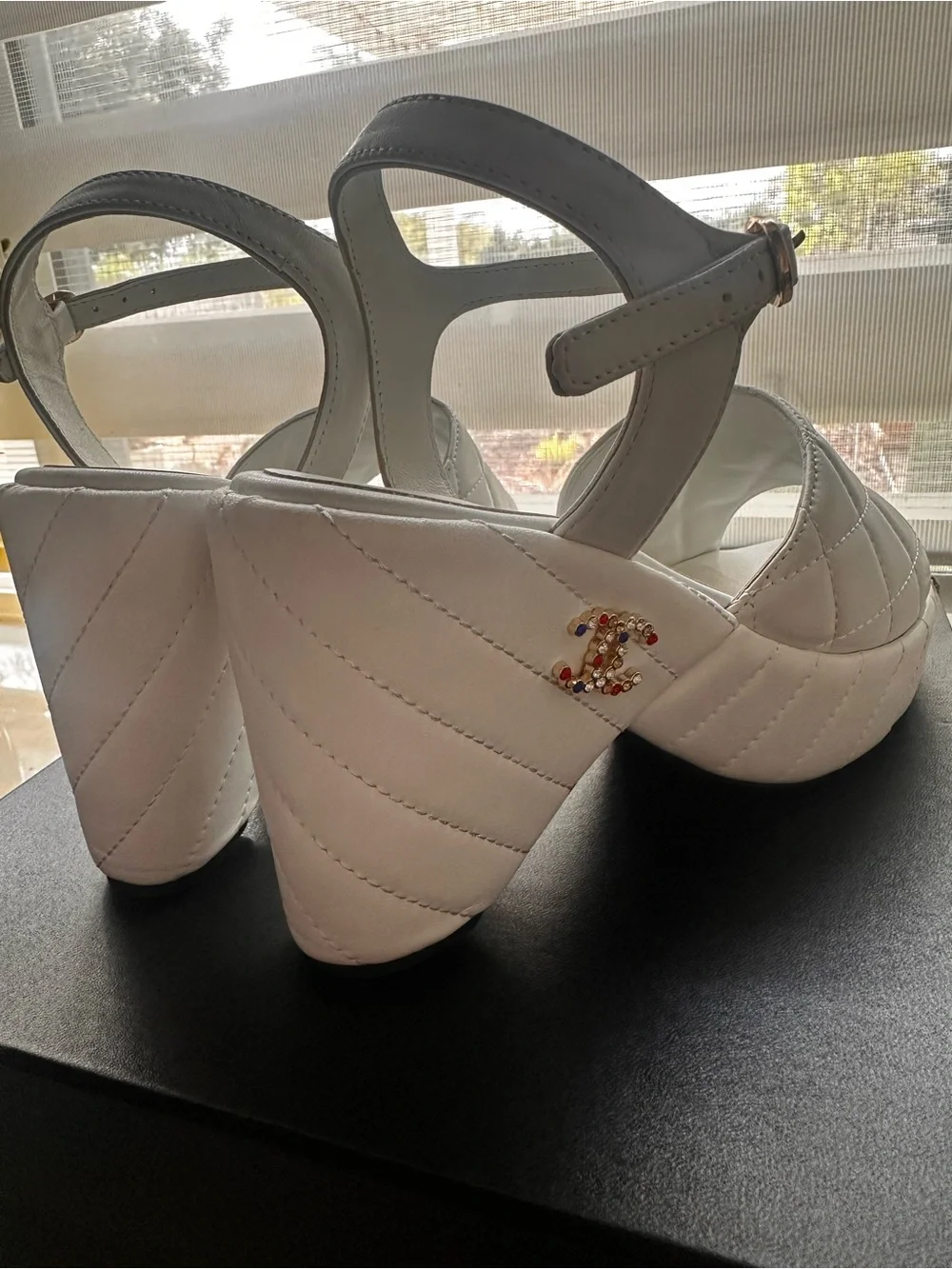 CHANEL White Quilted Leather Slingback Block Heel Sandals